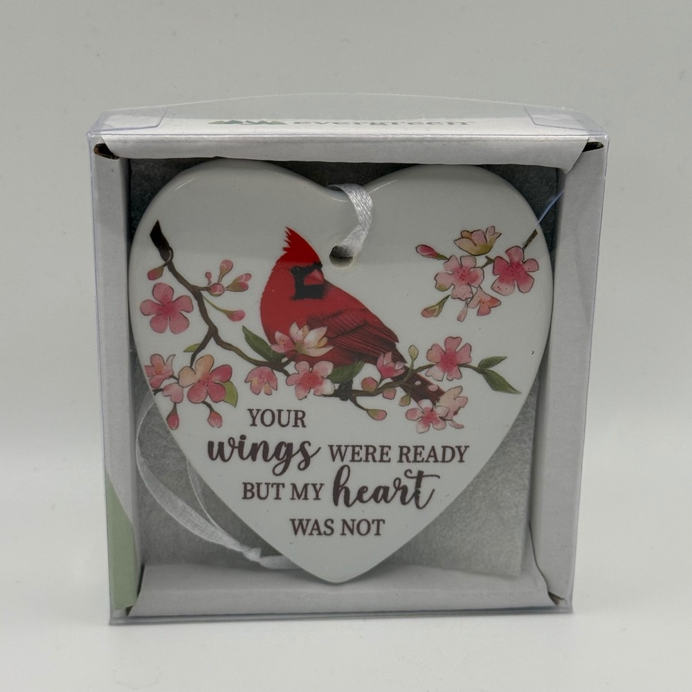 NEW Evergreen Ceramic Memorial Heart Cardinal Ornament Your Wings Were Ready